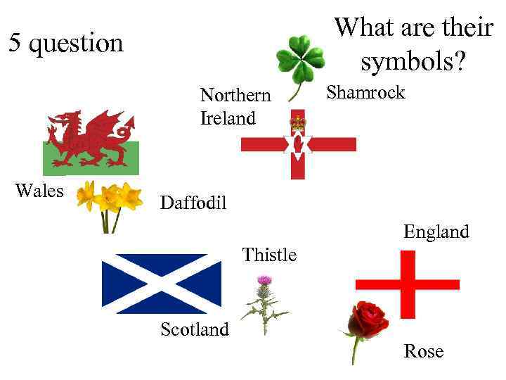 What are their symbols? 5 question Northern Ireland Wales Shamrock Daffodil England Thistle Scotland