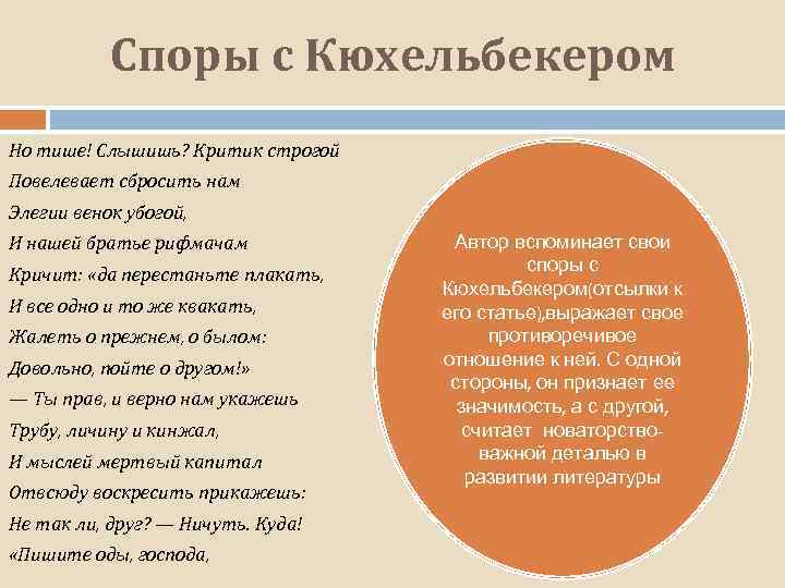 Споры с Кюхельбекером Но тише! Слышишь? Критик строгой Повелевает сбросить нам Элегии венок убогой,