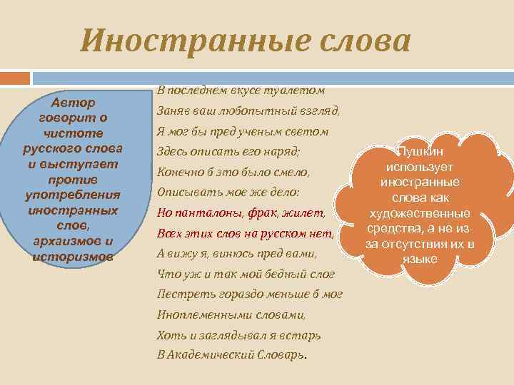 Иностранные слова Автор говорит о чистоте русского слова и выступает против употребления иностранных слов,