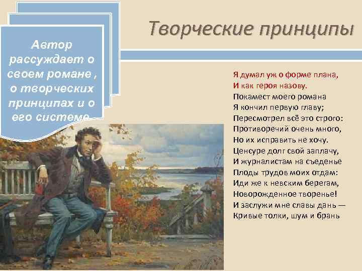 Автор рассуждает о своем романе , о творческих принципах и о его системе. Творческие