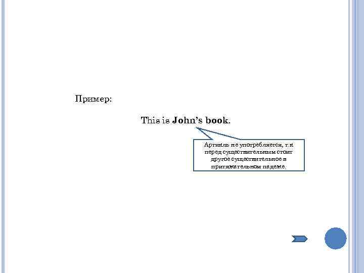 Пример: This is John’s book. Артикль не употребляется, т. к перед существительным стоит другое