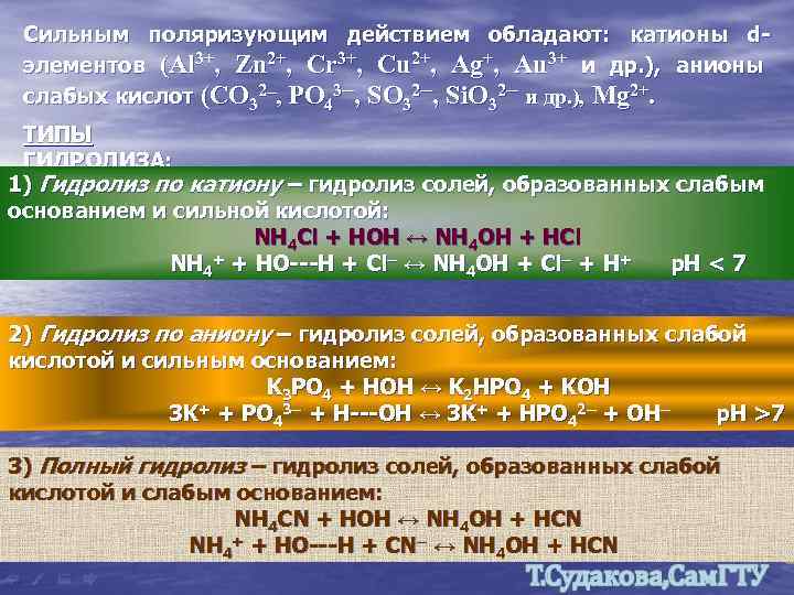 Сильным поляризующим действием обладают: катионы dэлементов (Al 3+, Zn 2+, Cr 3+, Cu 2+,