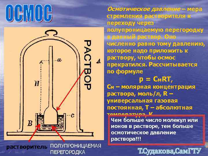 Осмотическое давление – мера стремления растворителя к переходу через полупроницаемую перегородку в данный раствор.