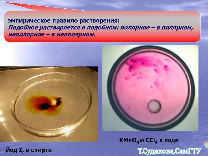 эмпирическое правило растворения: Подобное растворяется в подобном: полярное – в полярном, неполярное – в