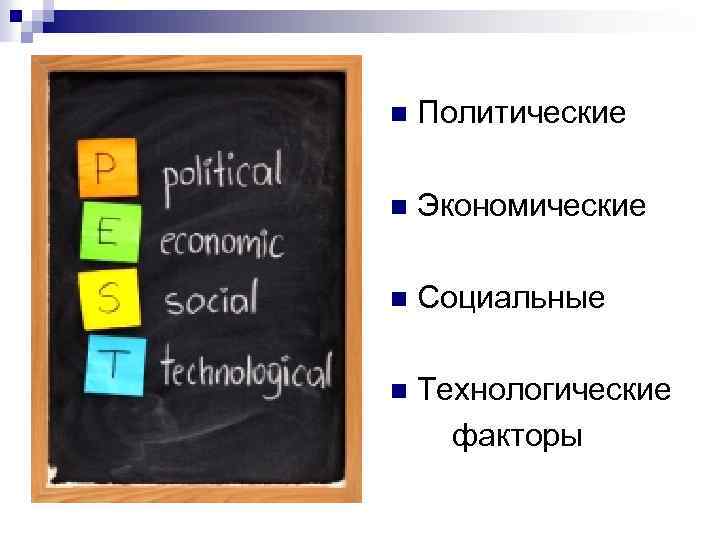 n Политические n Экономические n Социальные Технологические факторы n 