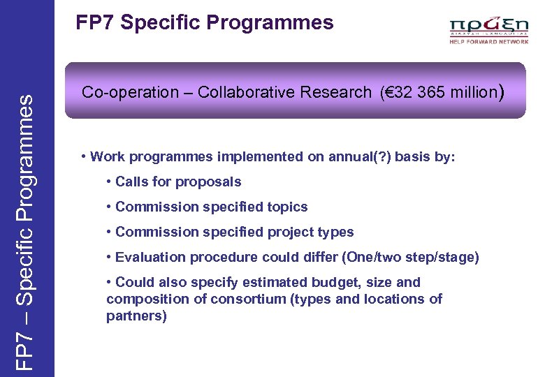 FP 7 – Specific Programmes FP 7 Specific Programmes Co-operation – Collaborative Research (€