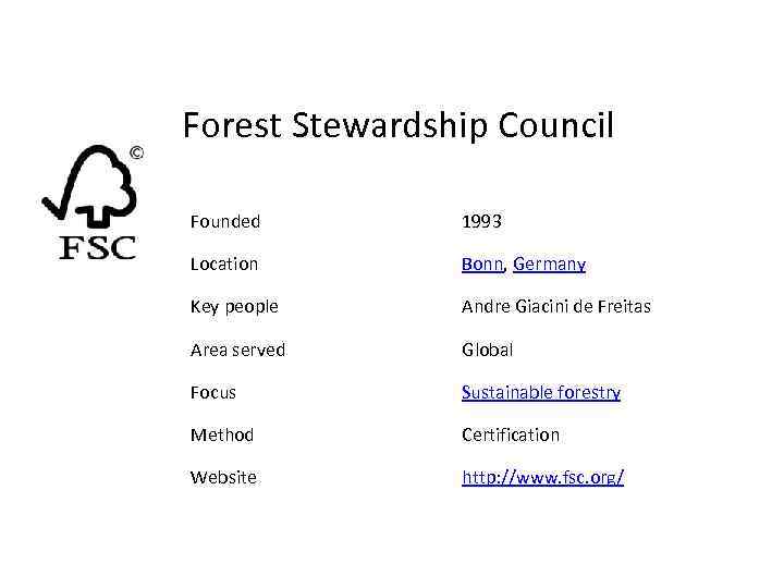 Forest Stewardship Council Founded 1993 Location Bonn, Germany Key people Andre Giacini de Freitas