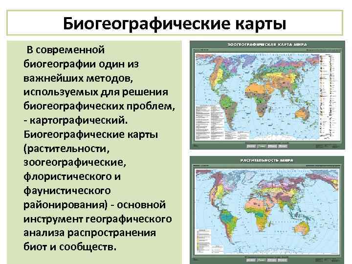 Биогеографические карты В современной биогеографии один из важнейших методов, используемых для решения биогеографических проблем,