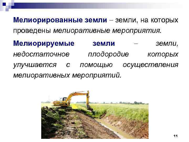 Мелиорированные земли, на которых проведены мелиоративные мероприятия. Мелиорируемые земли, недостаточное плодородие которых улучшается с