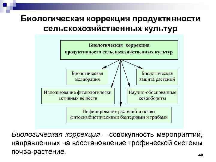 Биологическая коррекция продуктивности сельскохозяйственных культур Биологическая коррекция – совокупность мероприятий, направленных на восстановление трофической