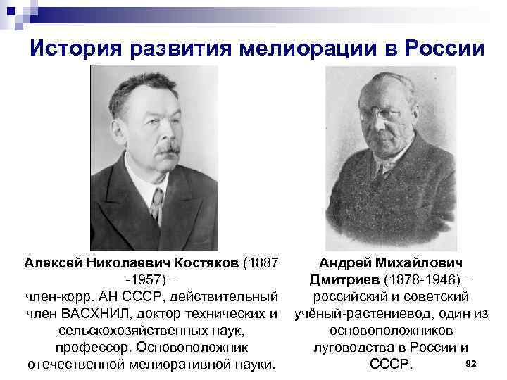 История развития мелиорации в России Алексей Николаевич Костяков (1887 Андрей Михайлович -1957) – Дмитриев