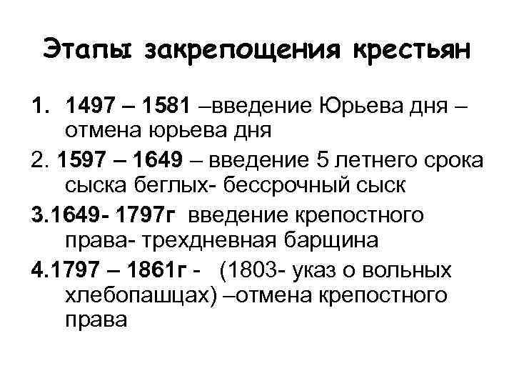 Введение 5 летнего срока сыска беглых крестьян. Этапы закрепощения крестьян 1497-1649. Этапы закрепощения крестьянства. Этапы закрепощения крестьян этапы. Этапы зарепощения кре тьян.