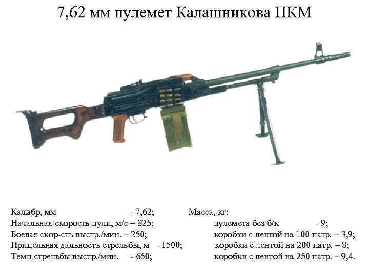 7, 62 мм пулемет Калашникова ПКМ Калибр, мм - 7, 62; Масса, кг: Начальная