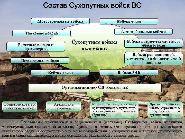 Состав Сухопутных войск ВС Мотострелковые войска Войска тыла Автомобильные войска Танковые войска Сухопутные войска
