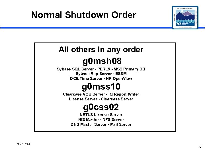 Normal Shutdown Order All others in any order g 0 msh 08 Sybase SQL