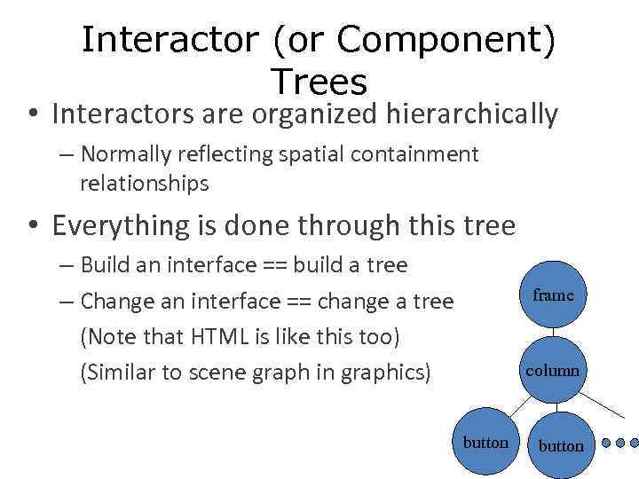 Interactor (or Component) Trees • Interactors are organized hierarchically – Normally reflecting spatial containment