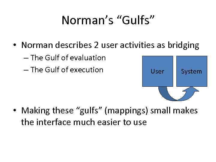 Norman’s “Gulfs” • Norman describes 2 user activities as bridging – The Gulf of