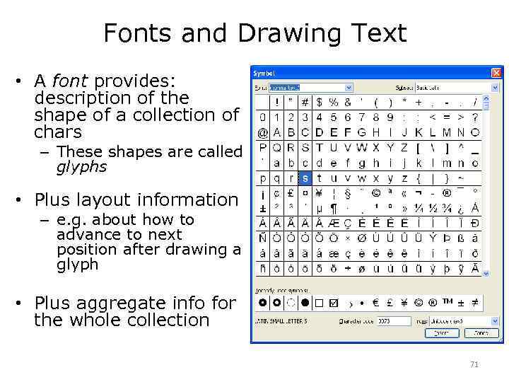 Fonts and Drawing Text • A font provides: description of the shape of a