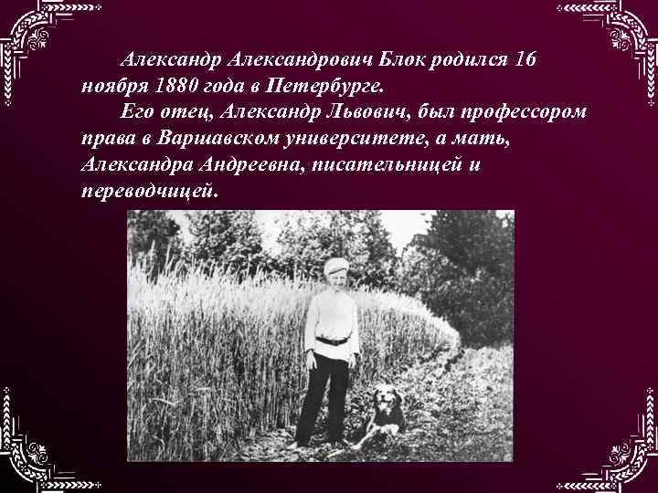 Александрович Блок родился 16 ноября 1880 года в Петербурге. Его отец, Александр Львович, был