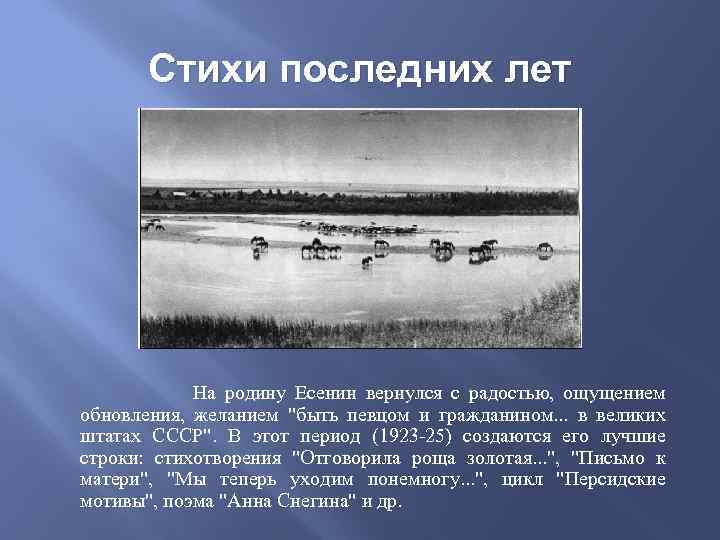 Стихи последних лет На родину Есенин вернулся с радостью, ощущением обновления, желанием "быть певцом