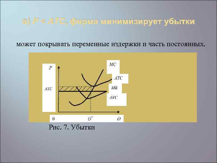в) Р < АТС, фирма минимизирует убытки может покрывать переменные издержки и часть постоянных.