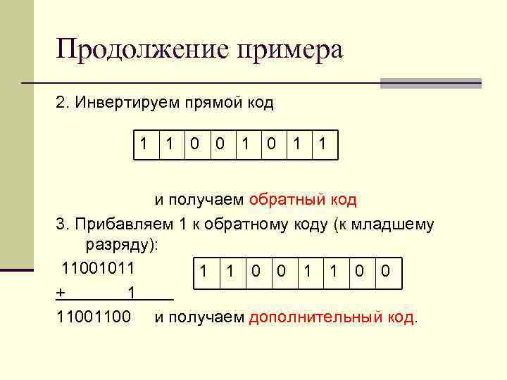Продолжение примера 2. Инвертируем прямой код 1 1 0 0 1 1 и получаем
