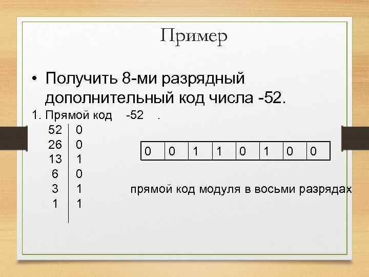 Пример • Получить 8 -ми разрядный дополнительный код числа -52. 1. Прямой код 52