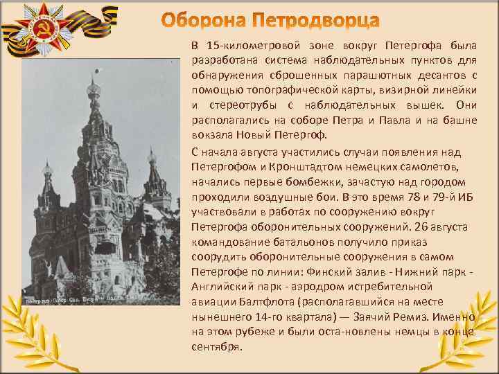 В 15 километровой зоне вокруг Петергофа была разработана система наблюдательных пунктов для обнаружения сброшенных