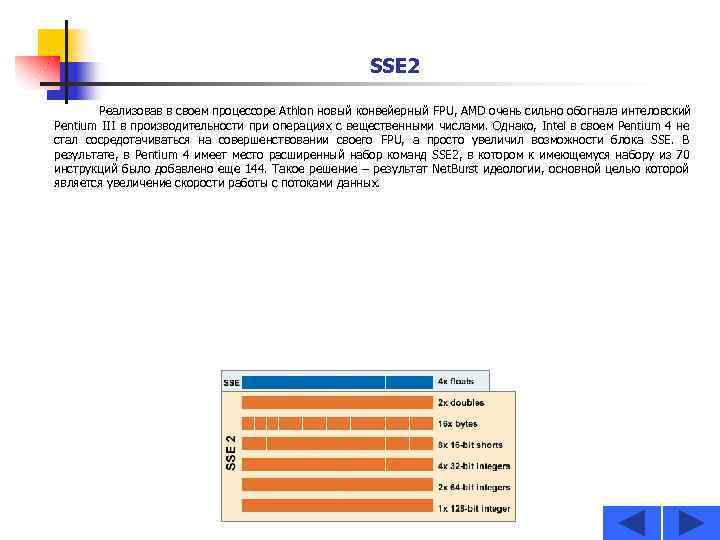 SSE 2 Реализовав в своем процессоре Athlon новый конвейерный FPU, AMD очень сильно обогнала