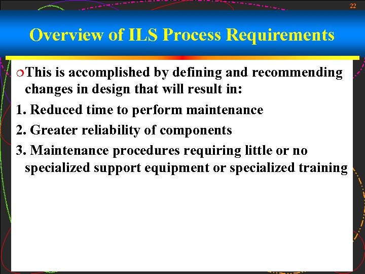 22 Overview of ILS Process Requirements ¦This is accomplished by defining and recommending changes