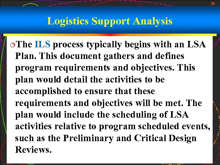 30 Logistics Support Analysis ¦The ILS process typically begins with an LSA Plan. This