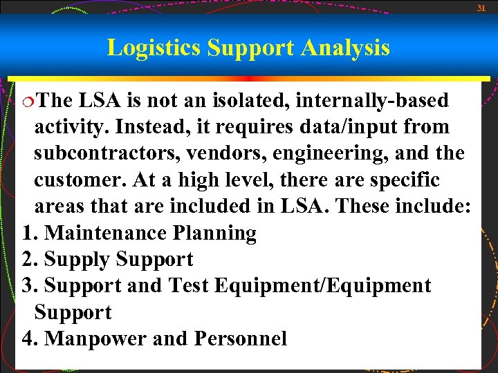 31 Logistics Support Analysis ¦The LSA is not an isolated, internally-based activity. Instead, it