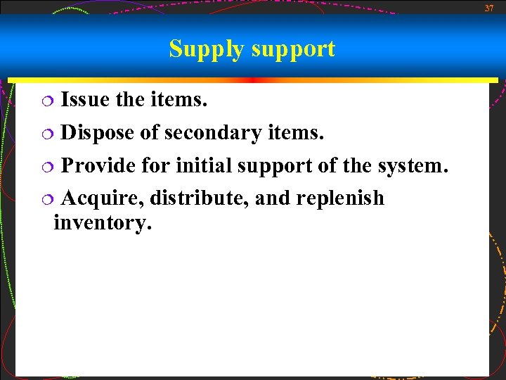 37 Supply support Issue the items. ¦ Dispose of secondary items. ¦ Provide for