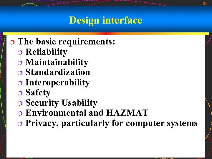 54 Design interface ¦ The basic requirements: ¦ Reliability ¦ Maintainability ¦ Standardization ¦