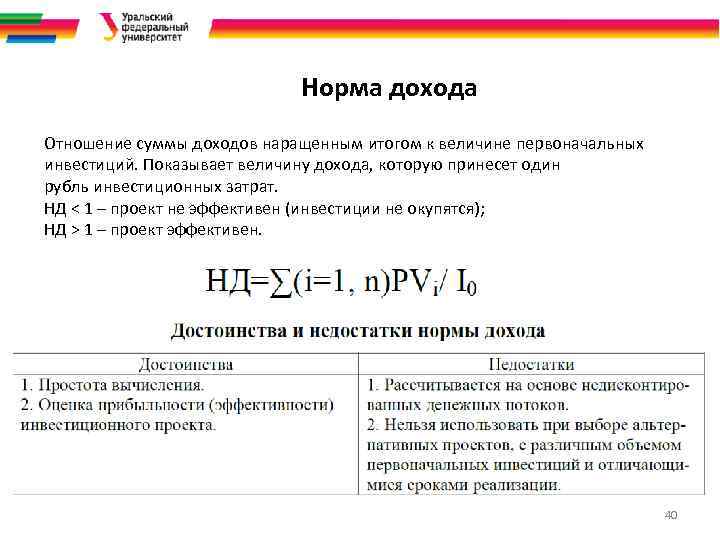 Норма дохода Отношение суммы доходов наращенным итогом к величине первоначальных инвестиций. Показывает величину дохода,