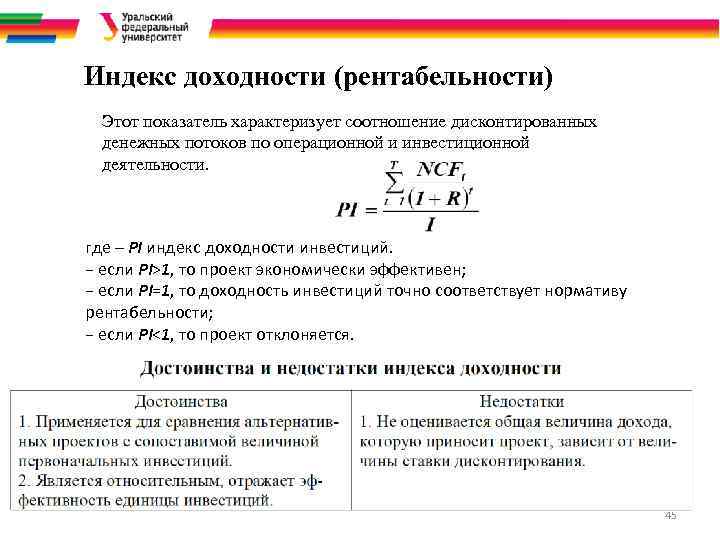 Индекс доходности (рентабельности) Этот показатель характеризует соотношение дисконтированных денежных потоков по операционной и инвестиционной