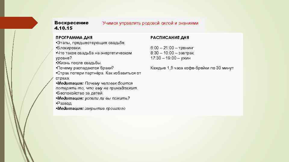 Воскресение 4. 10. 15 Учимся управлять родовой силой и знаниями ПРОГРАММА ДНЯ • Этапы,