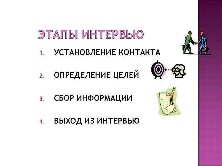 ЭТАПЫ ИНТЕРВЬЮ 1. УСТАНОВЛЕНИЕ КОНТАКТА 2. ОПРЕДЕЛЕНИЕ ЦЕЛЕЙ 3. СБОР ИНФОРМАЦИИ 4. ВЫХОД ИЗ