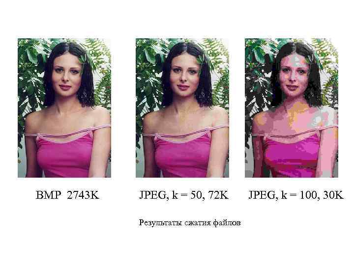 BMP 2743 K JPEG, k = 50, 72 K Результаты сжатия файлов JPEG, k