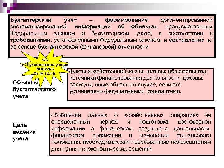 Бухгалтерский учет – формирование документированной систематизированной информации об объектах, предусмотренных Федеральным законом о бухгалтерском