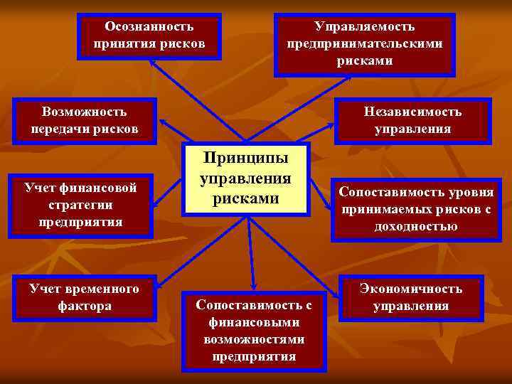 Осознанность принятия рисков Управляемость предпринимательскими рисками Возможность передачи рисков Учет финансовой стратегии предприятия Учет