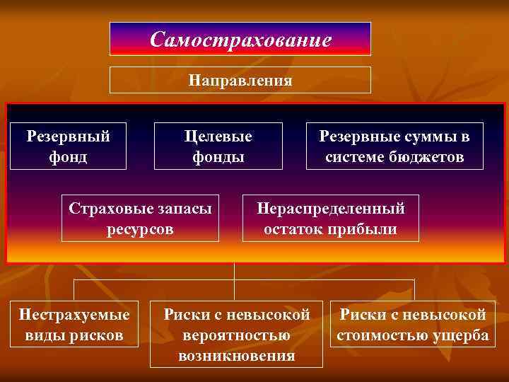 Самострахование Направления Резервный фонд Целевые фонды Страховые запасы ресурсов Нестрахуемые виды рисков Резервные суммы