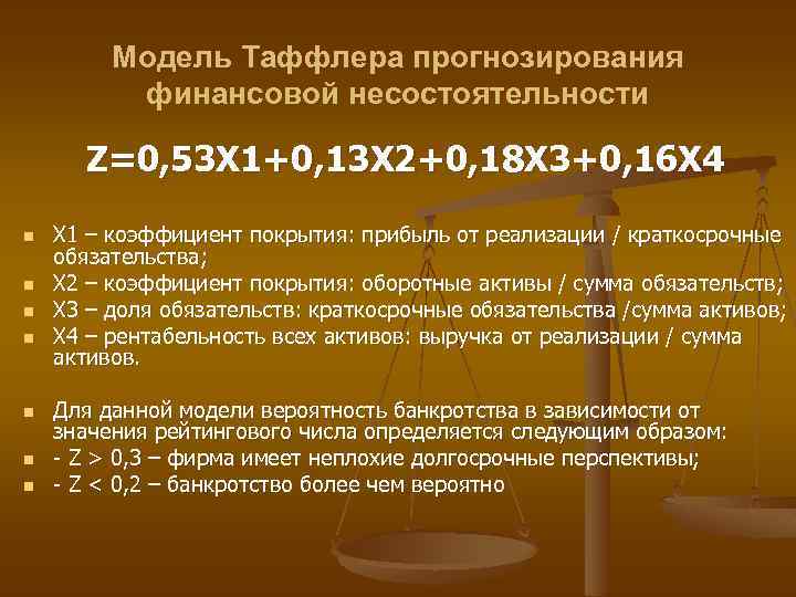 Модель Таффлера прогнозирования финансовой несостоятельности Z=0, 53 Х 1+0, 13 Х 2+0, 18 Х