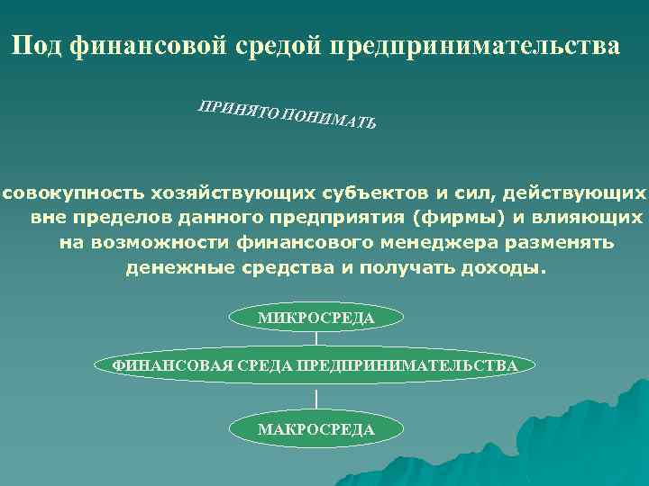 Под финансовой средой предпринимательства ПРИНЯТО ПОНИМАТ Ь совокупность хозяйствующих субъектов и сил, действующих вне