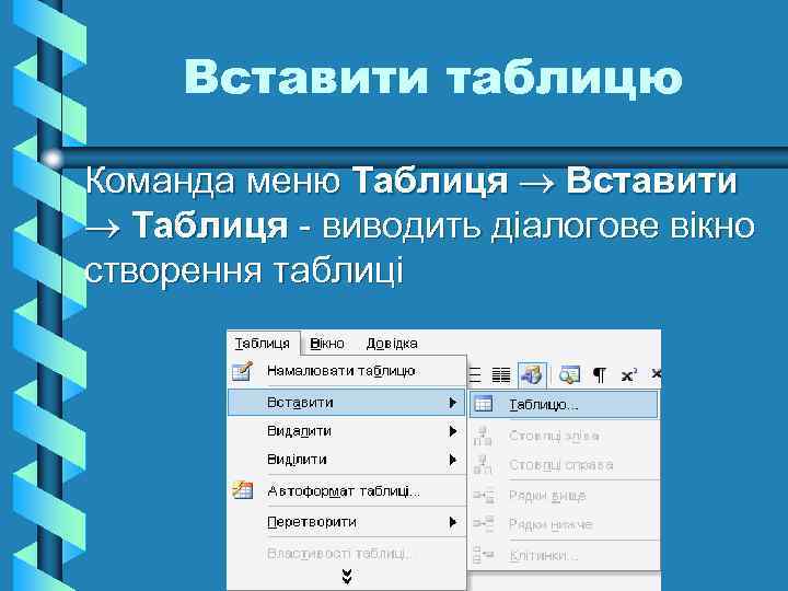 Вставити таблицю Команда меню Таблиця Вставити Таблиця - виводить діалогове вікно створення таблиці 