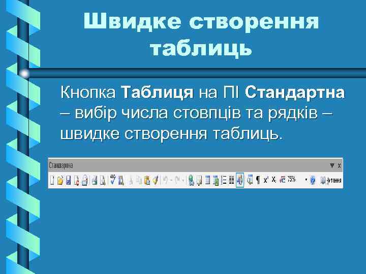 Швидке створення таблиць Кнопка Таблиця на ПІ Стандартна – вибір числа стовпців та рядків