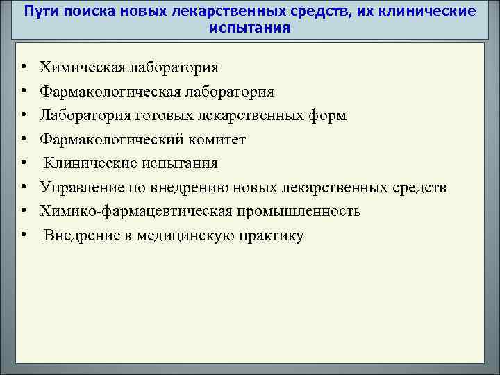 Пути поиска новых лекарственных средств, их клинические испытания • • Химическая лаборатория Фармакологическая лаборатория