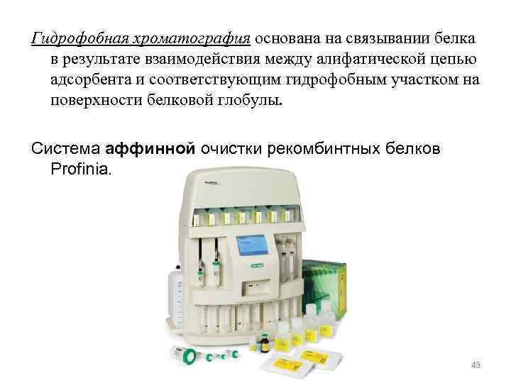 Гидрофобная хроматография основана на связывании белка в результате взаимодействия между алифатической цепью адсорбента и