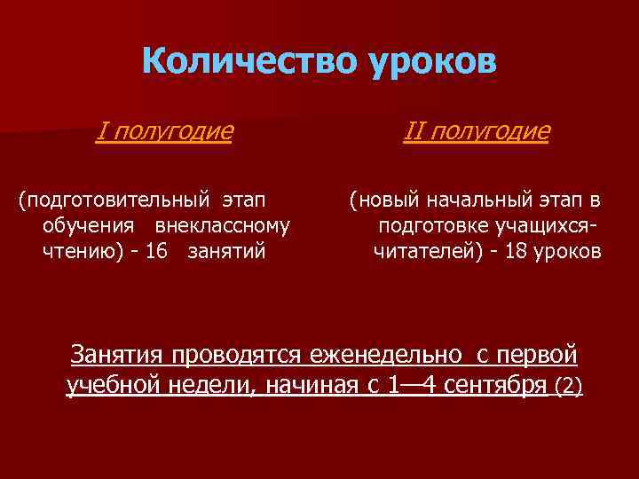 Количество уроков I полугодие (подготовительный этап обучения внеклассному чтению) 16 занятий II полугодие (новый