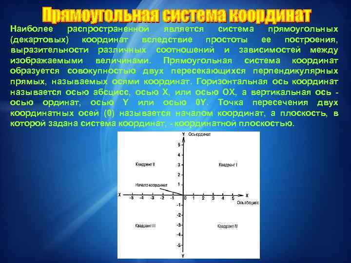 Наиболее распространенной является система прямоугольных (декартовых) координат вследствие простоты ее построения, выразительности различных соотношений